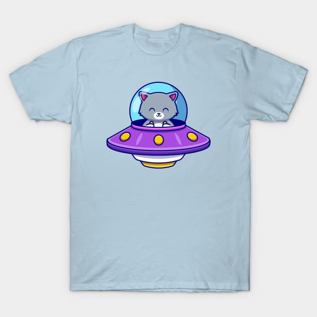 Cute Cat Driving Spaceship Ufo T-Shirt by Catalyst Labs